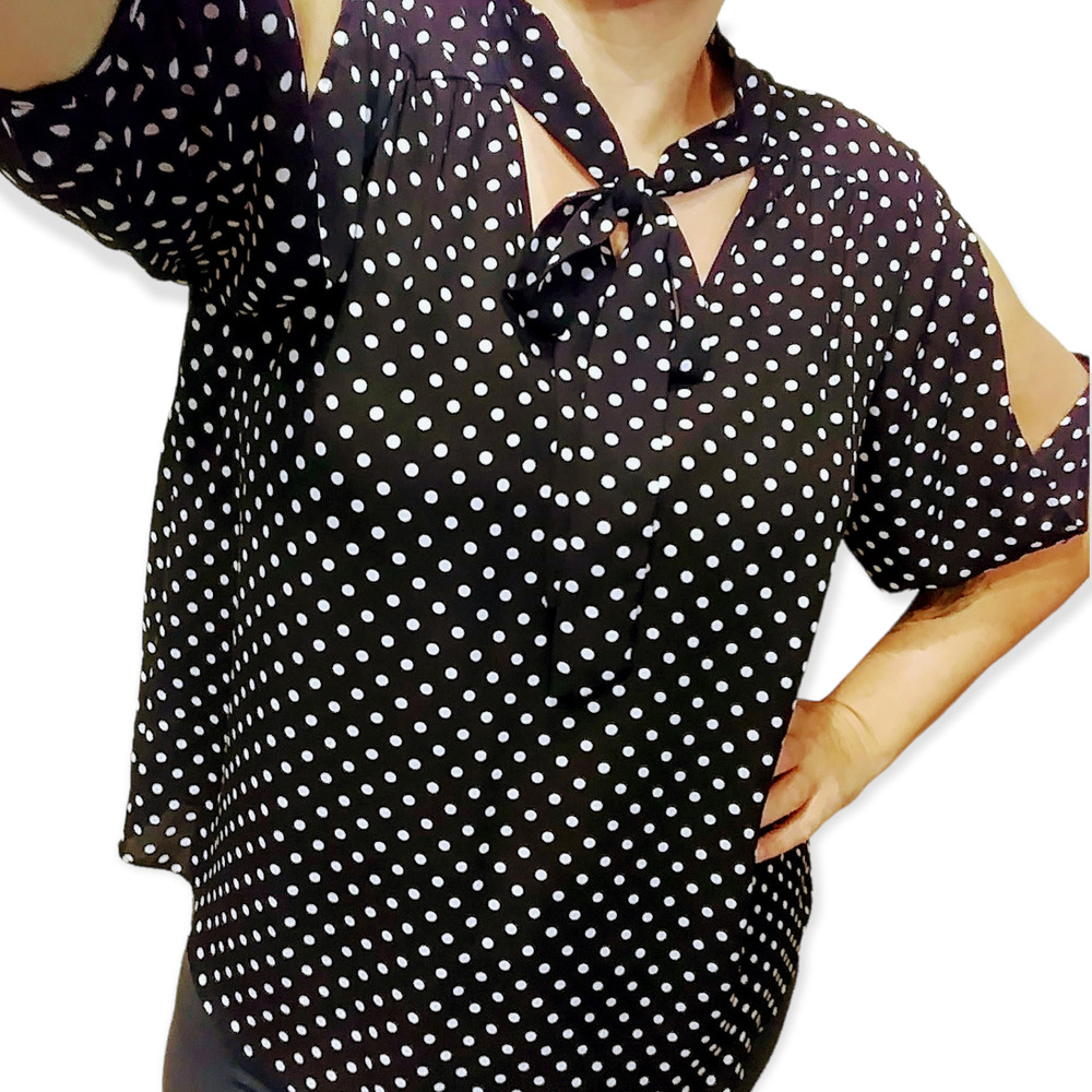 Black & White Polka Dot Blouse with Cold Shoulder size XL